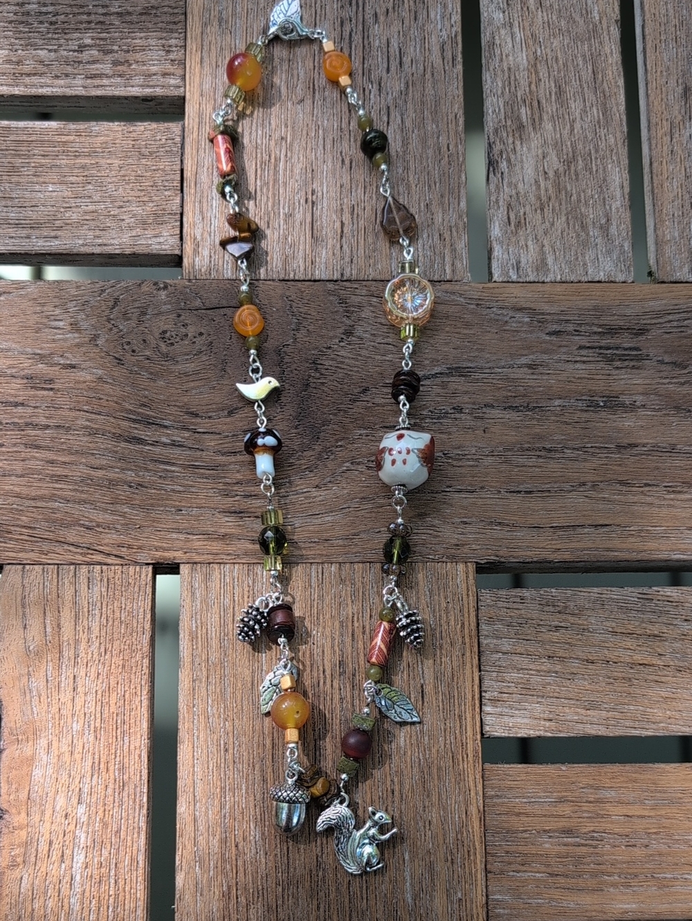 Handmade Autumn Squirrel Stone Beaded Charm Necklace 18"